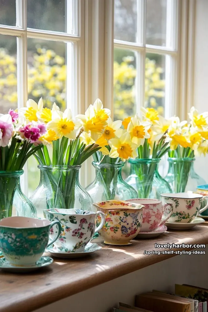curate a shelf of vintage teacups alongside blooming daffodils in glass bottles. 1