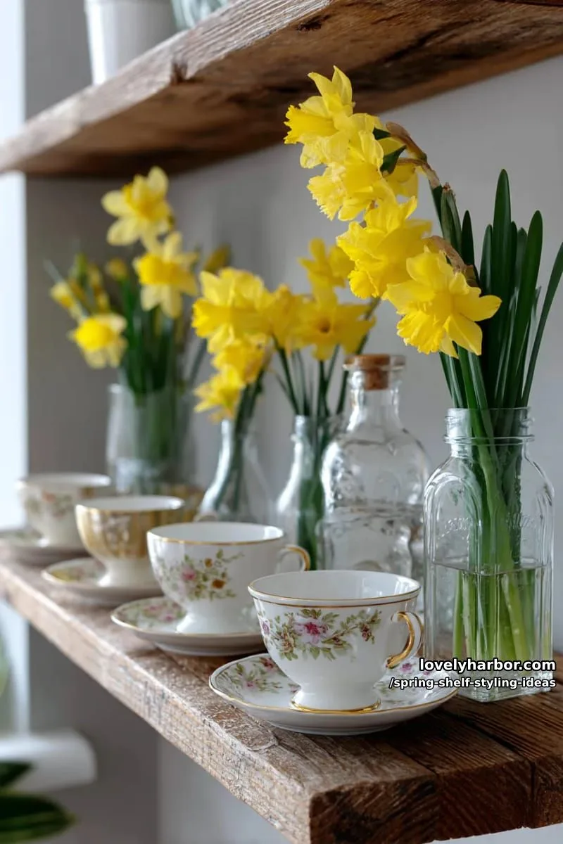 curate a shelf of vintage teacups alongside blooming daffodils in glass bottles. 1