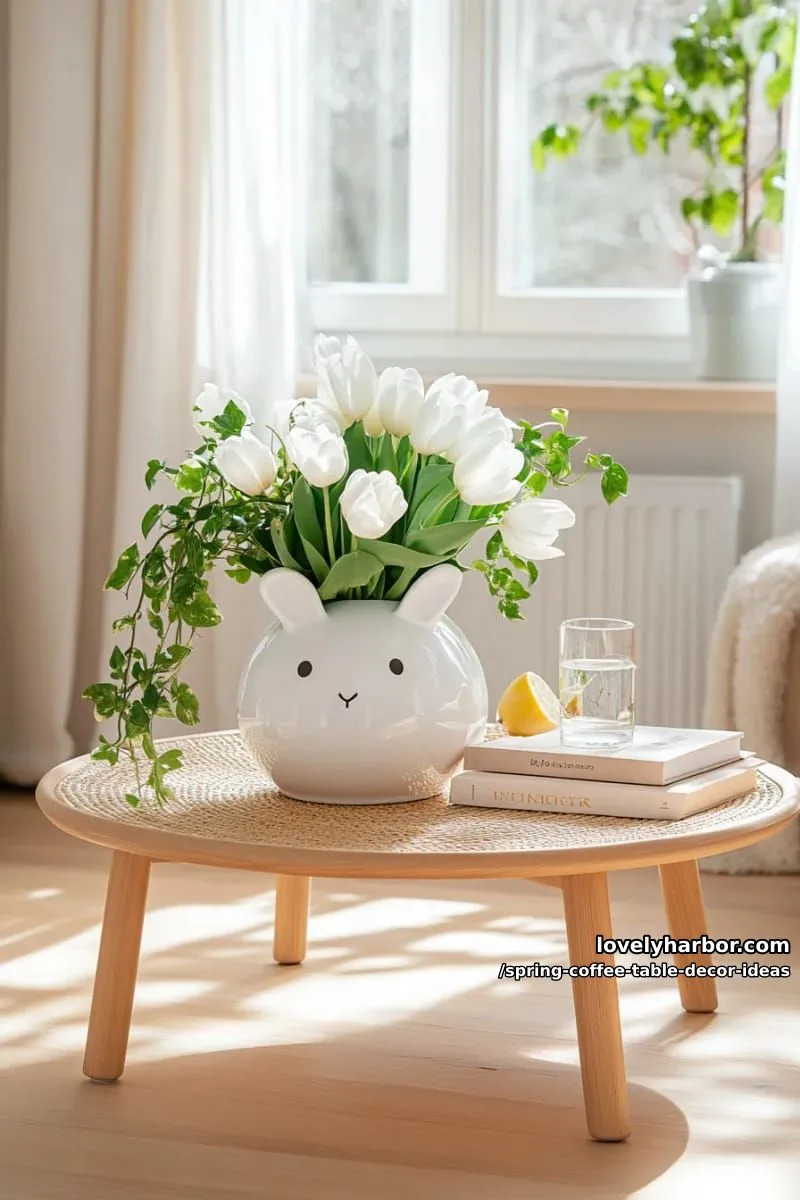cute ceramic bunny planter with trailing greenery and white tulips 1