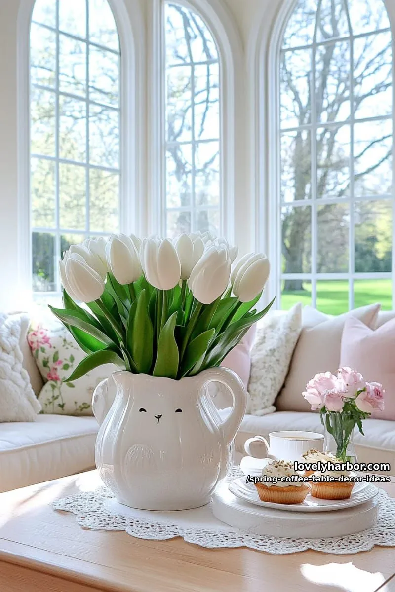 cute ceramic bunny planter with trailing greenery and white tulips 1