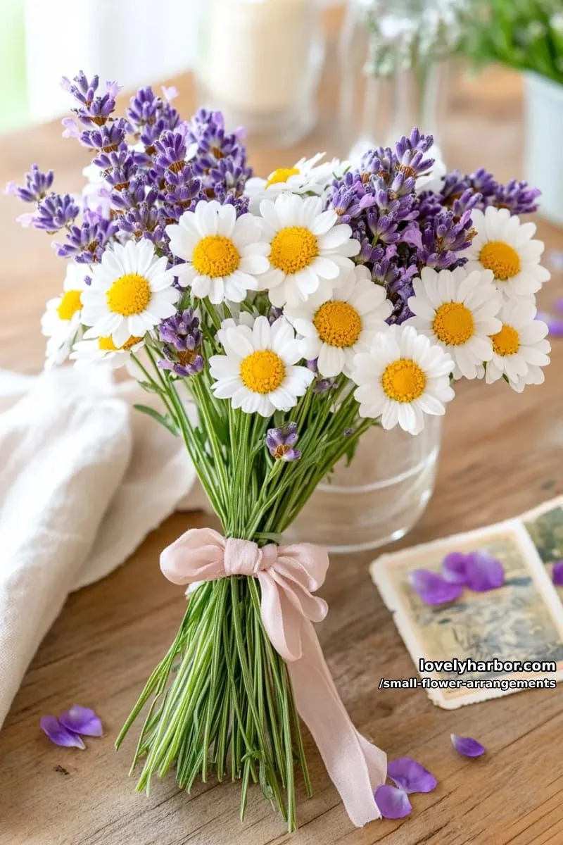 19 Classy Small Flower Arrangements to Cheer You Up in Spring 24 dainty lavender sprigs and daisies tied with silk ribbon 1