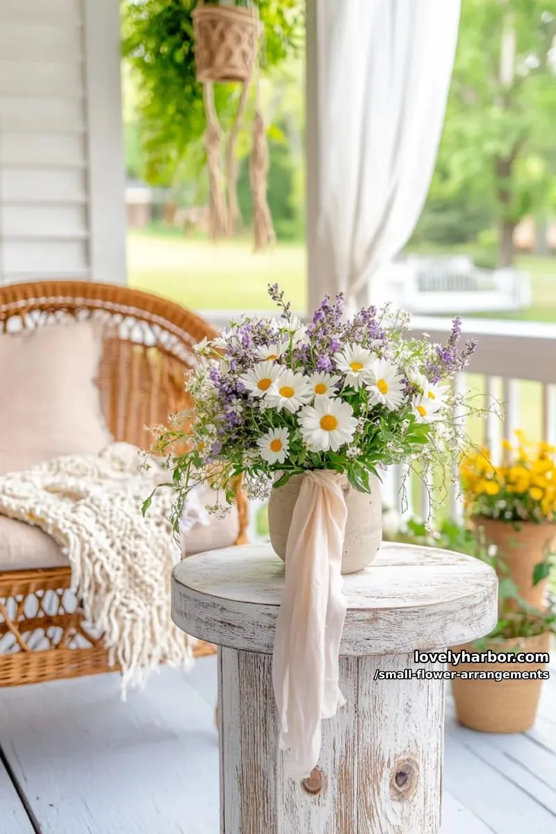 19 Classy Small Flower Arrangements to Cheer You Up in Spring 25 dainty lavender sprigs and daisies tied with silk ribbon 1