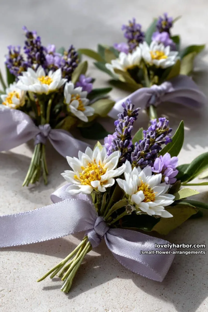 19 Classy Small Flower Arrangements to Cheer You Up in Spring 26 dainty lavender sprigs and daisies tied with silk ribbon 1