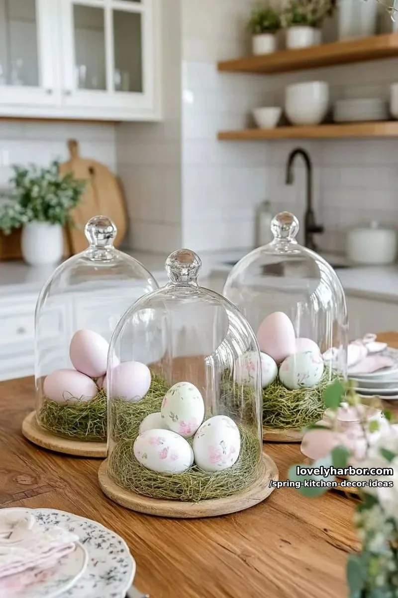 decorative cloches displaying painted eggs and moss nests 1