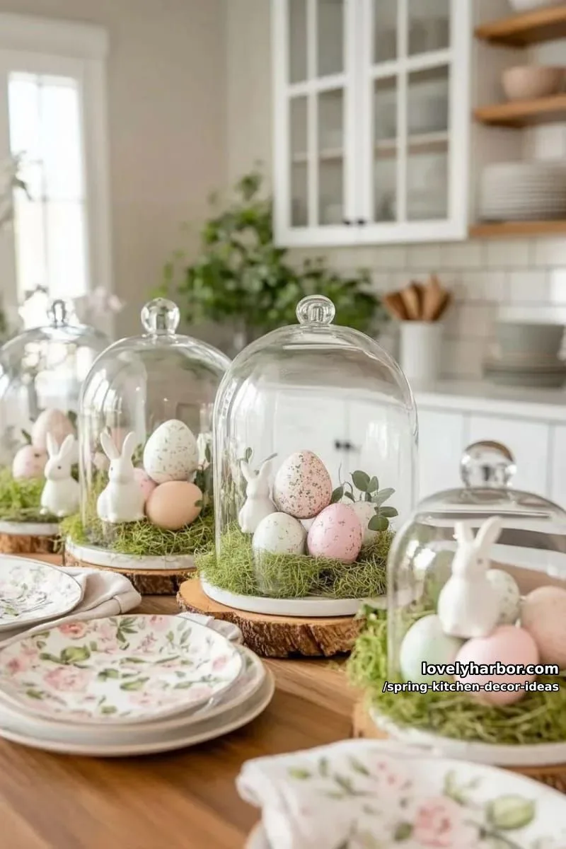 decorative cloches displaying painted eggs and moss nests 1