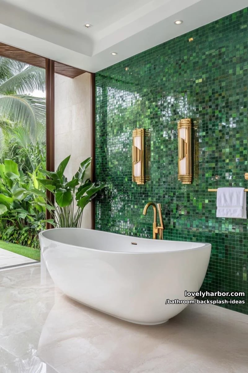 deep emerald green tile backsplash with gold fixtures for a luxurious spa vibe 1