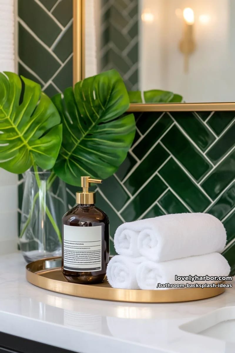 deep emerald green tile backsplash with gold fixtures for a luxurious spa vibe 1