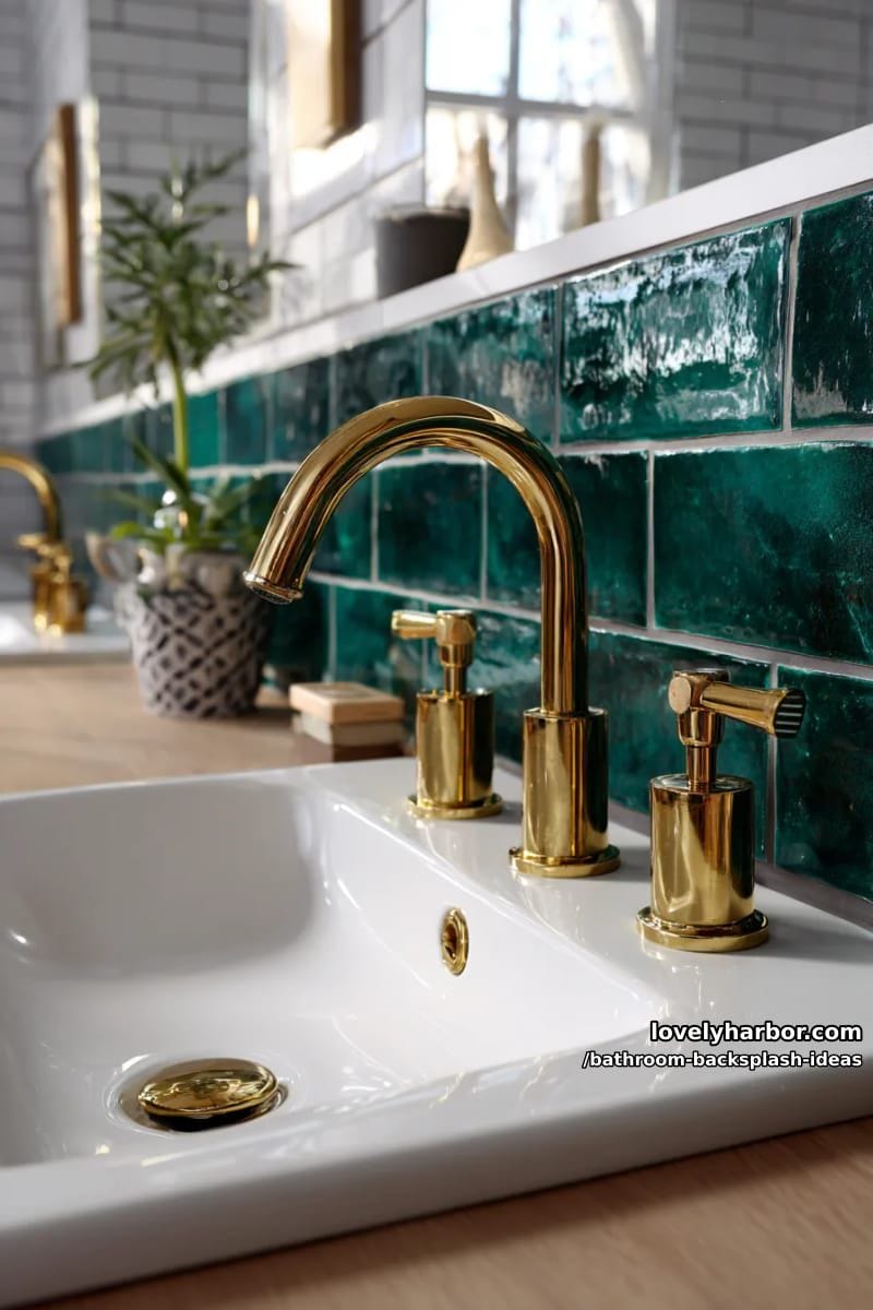 deep emerald green tile backsplash with gold fixtures for a luxurious spa vibe 1
