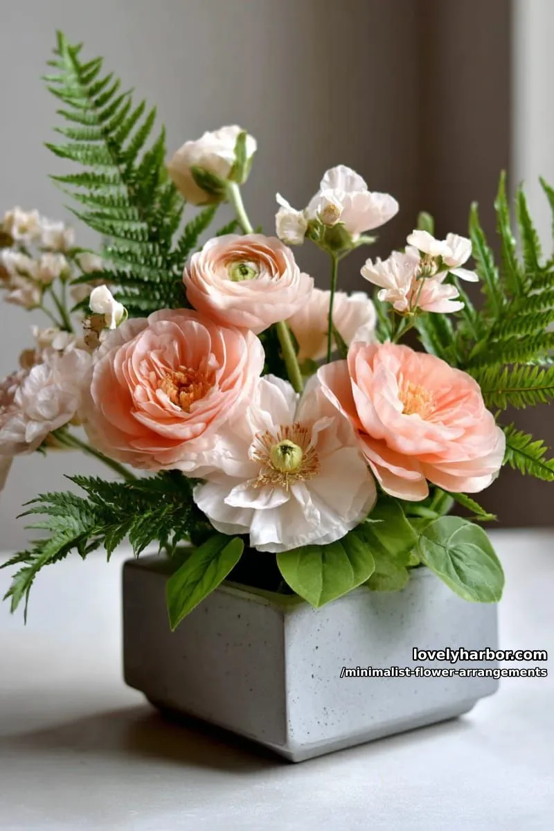 15 Chic Minimalist Flower Arrangements: Simple Designs with Huge Impact 26 delicate ranunculus paired with fern in angled stone vase 1