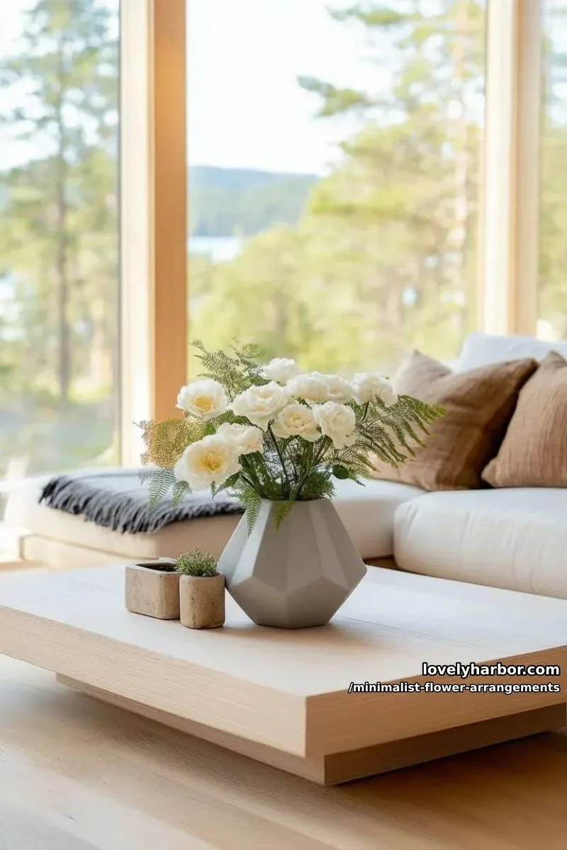 15 Chic Minimalist Flower Arrangements: Simple Designs with Huge Impact 27 delicate ranunculus paired with fern in angled stone vase 1