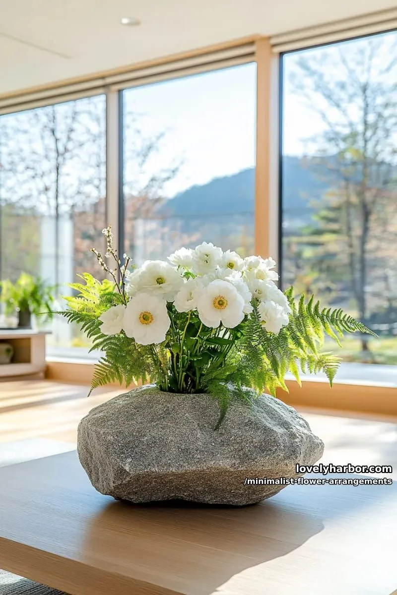 15 Chic Minimalist Flower Arrangements: Simple Designs with Huge Impact 28 delicate ranunculus paired with fern in angled stone vase 1