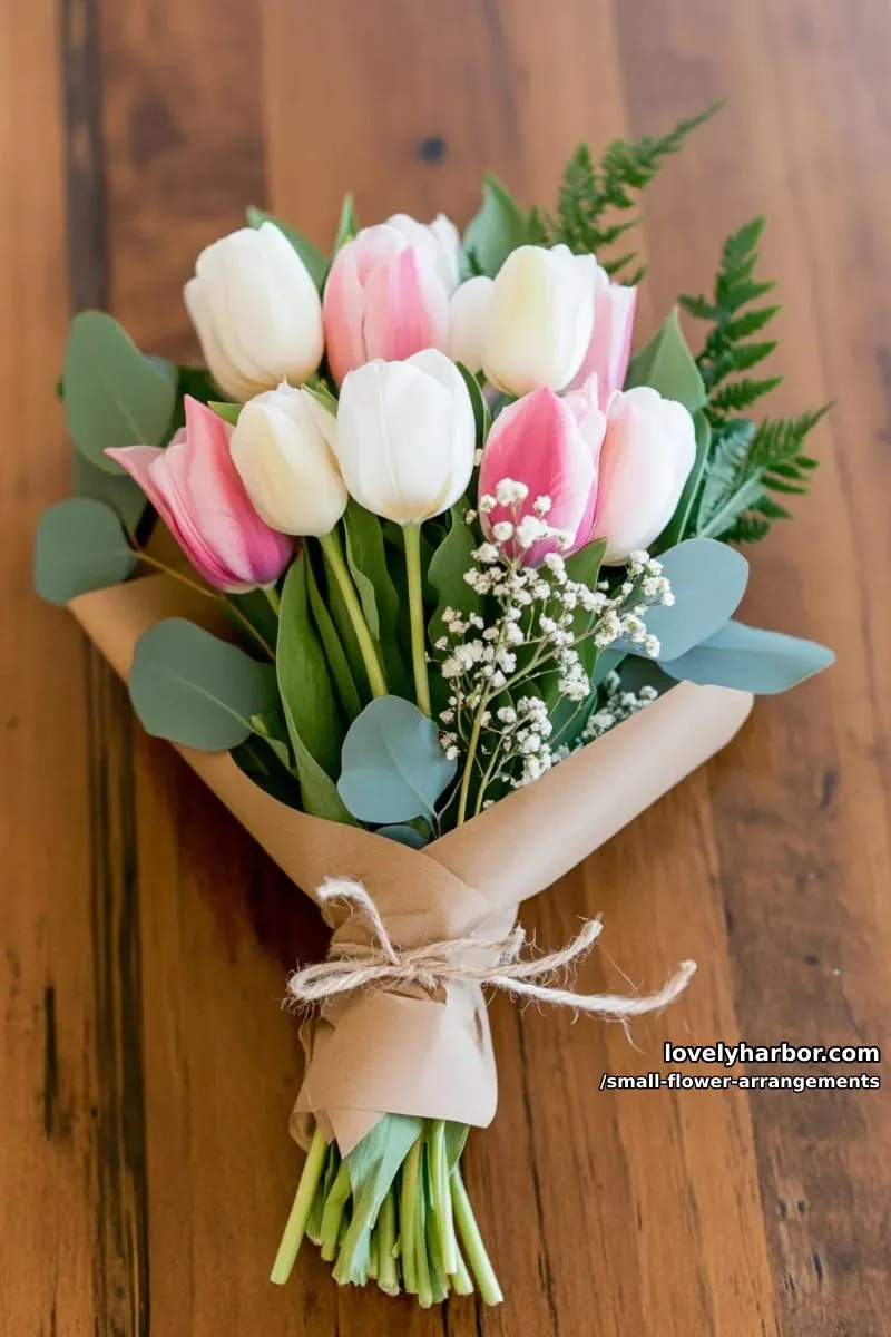 19 Classy Small Flower Arrangements to Cheer You Up in Spring 15 delicate tulip and greenery bundle wrapped in brown paper 1