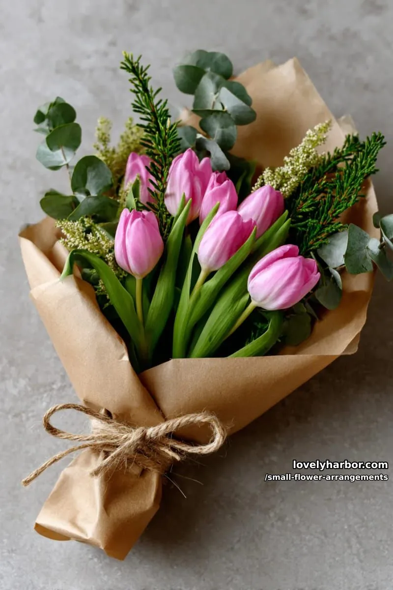 19 Classy Small Flower Arrangements to Cheer You Up in Spring 16 delicate tulip and greenery bundle wrapped in brown paper 1