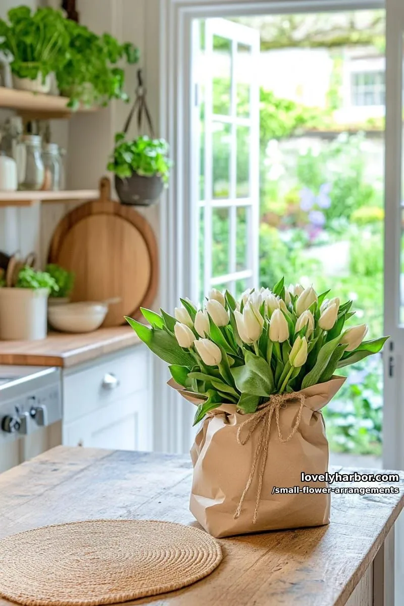 19 Classy Small Flower Arrangements to Cheer You Up in Spring 17 delicate tulip and greenery bundle wrapped in brown paper 1