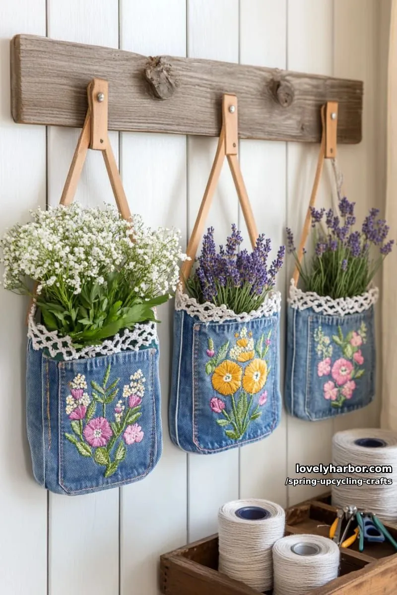 denim pocket wall organizers with embroidered floral designs 1