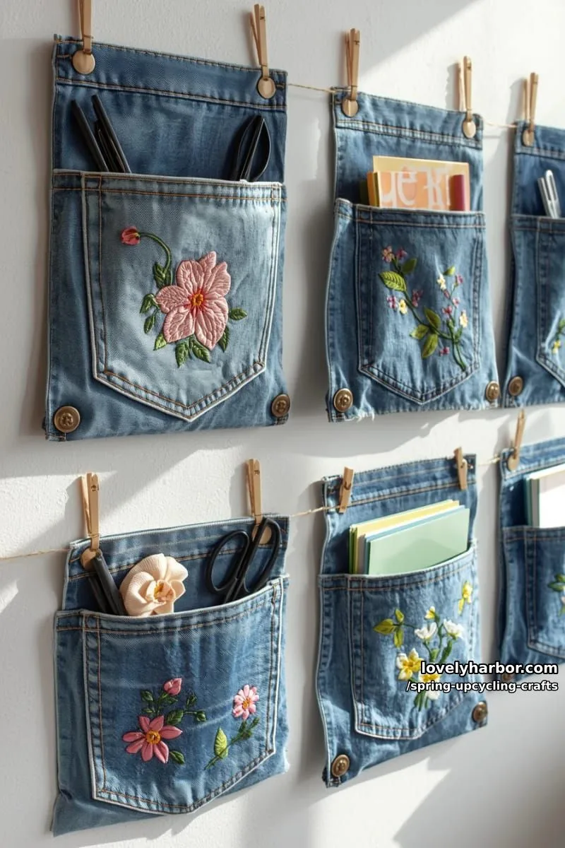 denim pocket wall organizers with embroidered floral designs 1