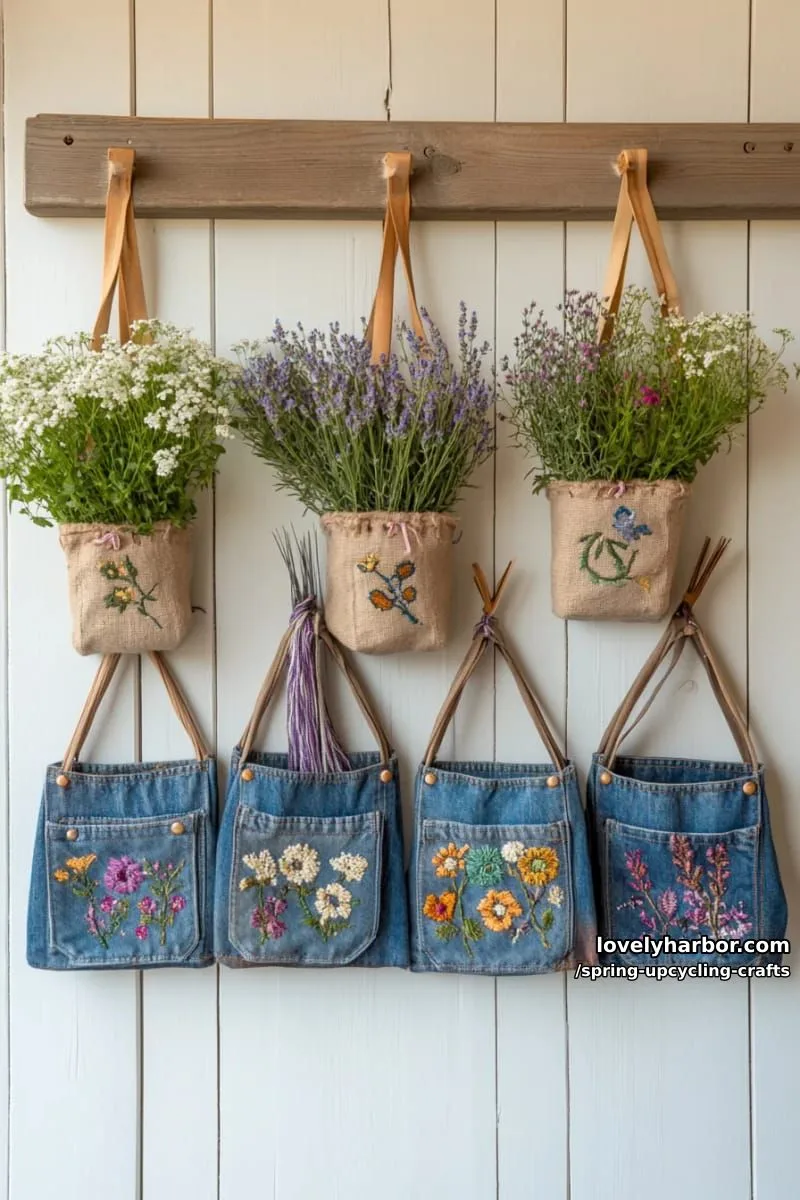 denim pocket wall organizers with embroidered floral designs 1