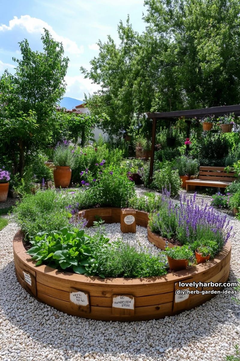 design a circular raised bed with medicinal herbs for a holistic touch. 1
