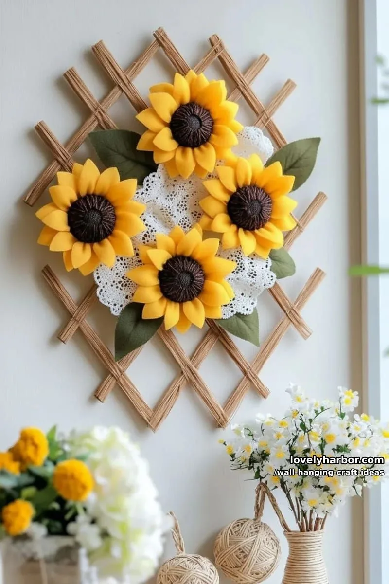 15 Artistic Wall Hanging Crafts to Upgrade Your Home 14 design a wall hanging of sunflowers on a crisscross wood grid background. 1