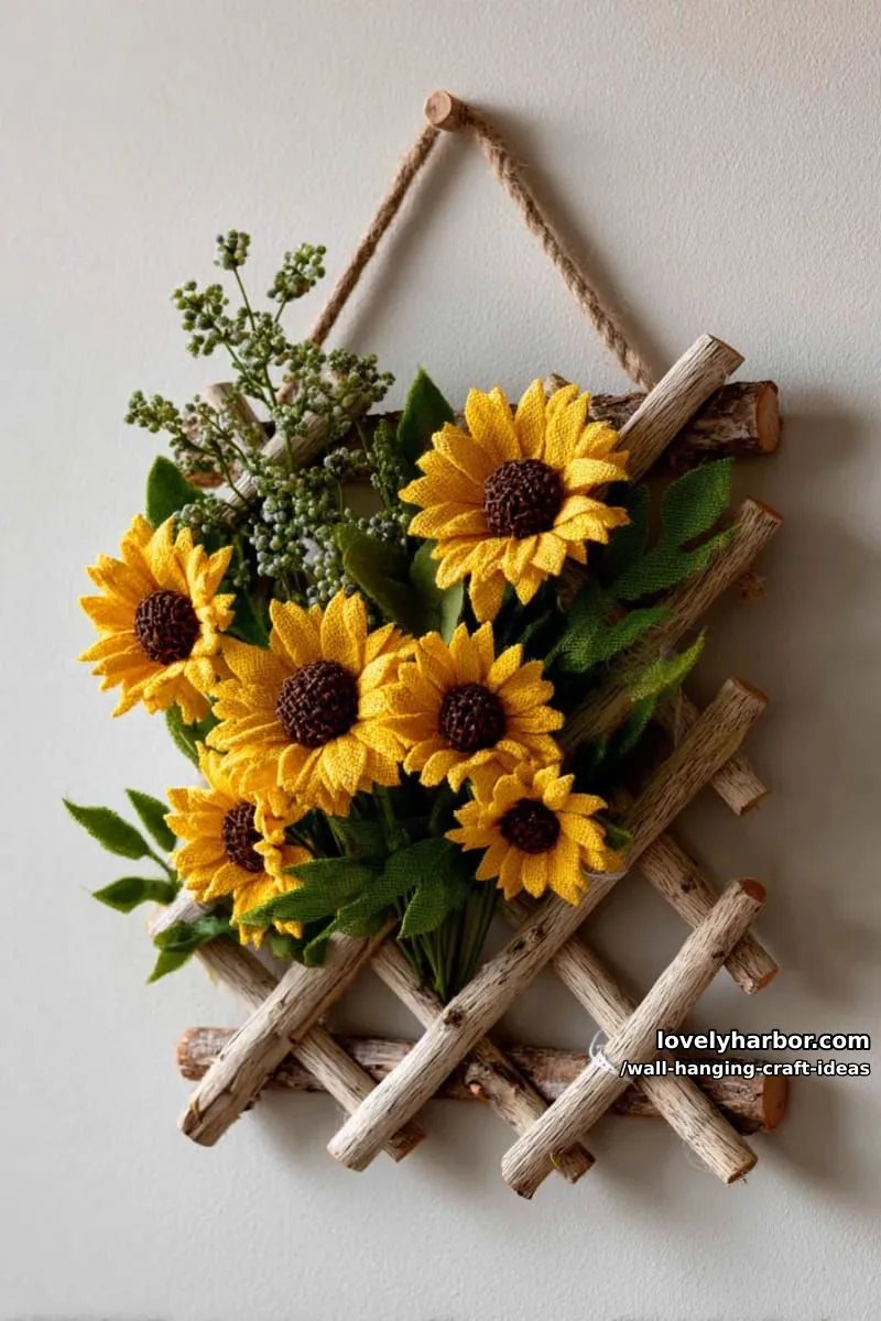 15 Artistic Wall Hanging Crafts to Upgrade Your Home 15 design a wall hanging of sunflowers on a crisscross wood grid background. 1