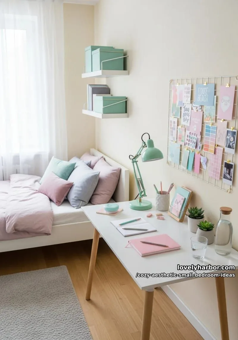 desk corner with pastel accessories and aesthetic mood board 1