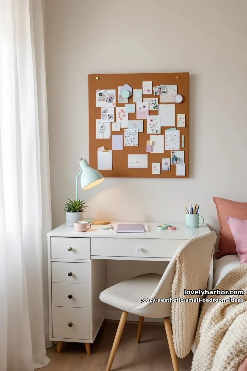 desk corner with pastel accessories and aesthetic mood board 1
