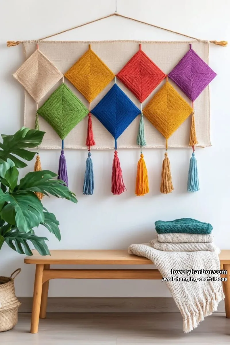 15 Artistic Wall Hanging Crafts to Upgrade Your Home 36 display a bold grid of rainbow diamond tiles with tassels at each tip. 1