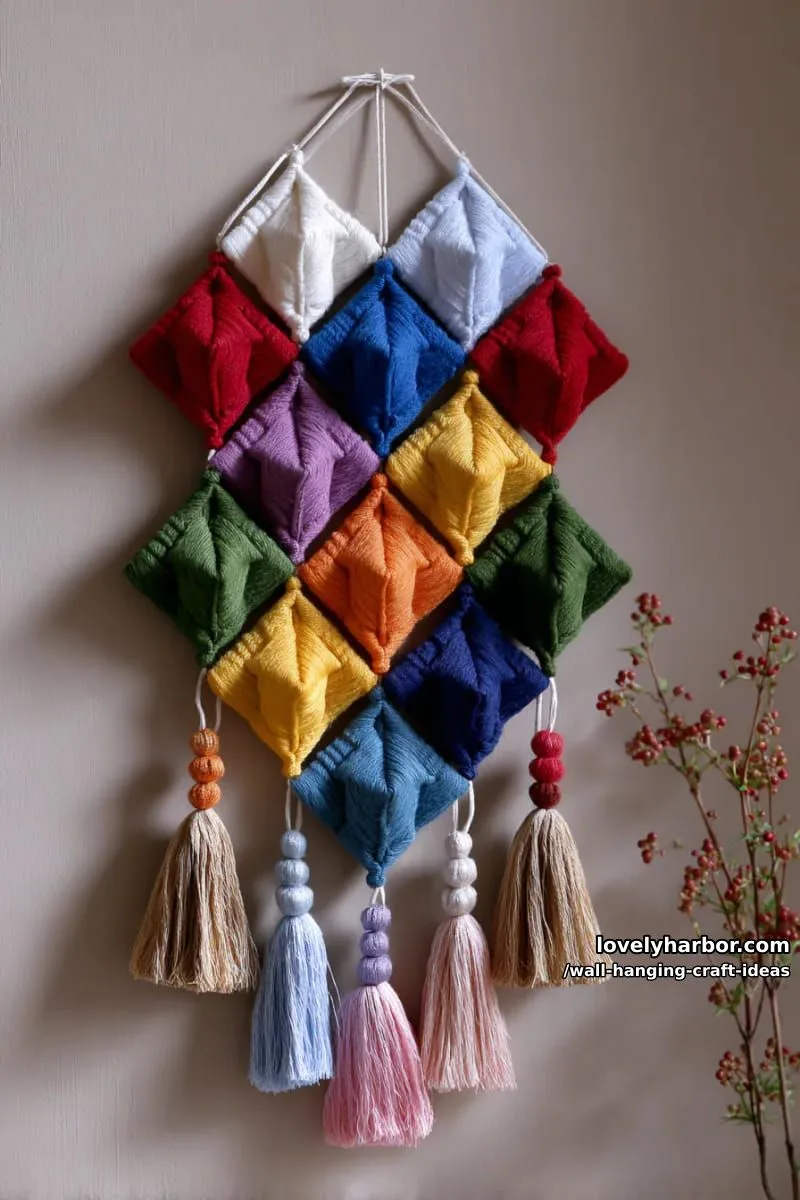 15 Artistic Wall Hanging Crafts to Upgrade Your Home 37 display a bold grid of rainbow diamond tiles with tassels at each tip. 1