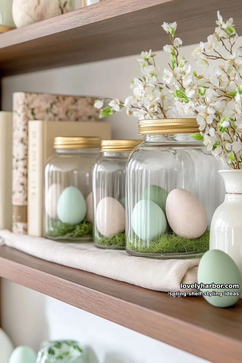 display a trio of glass jars filled with pastel easter eggs and moss. 1