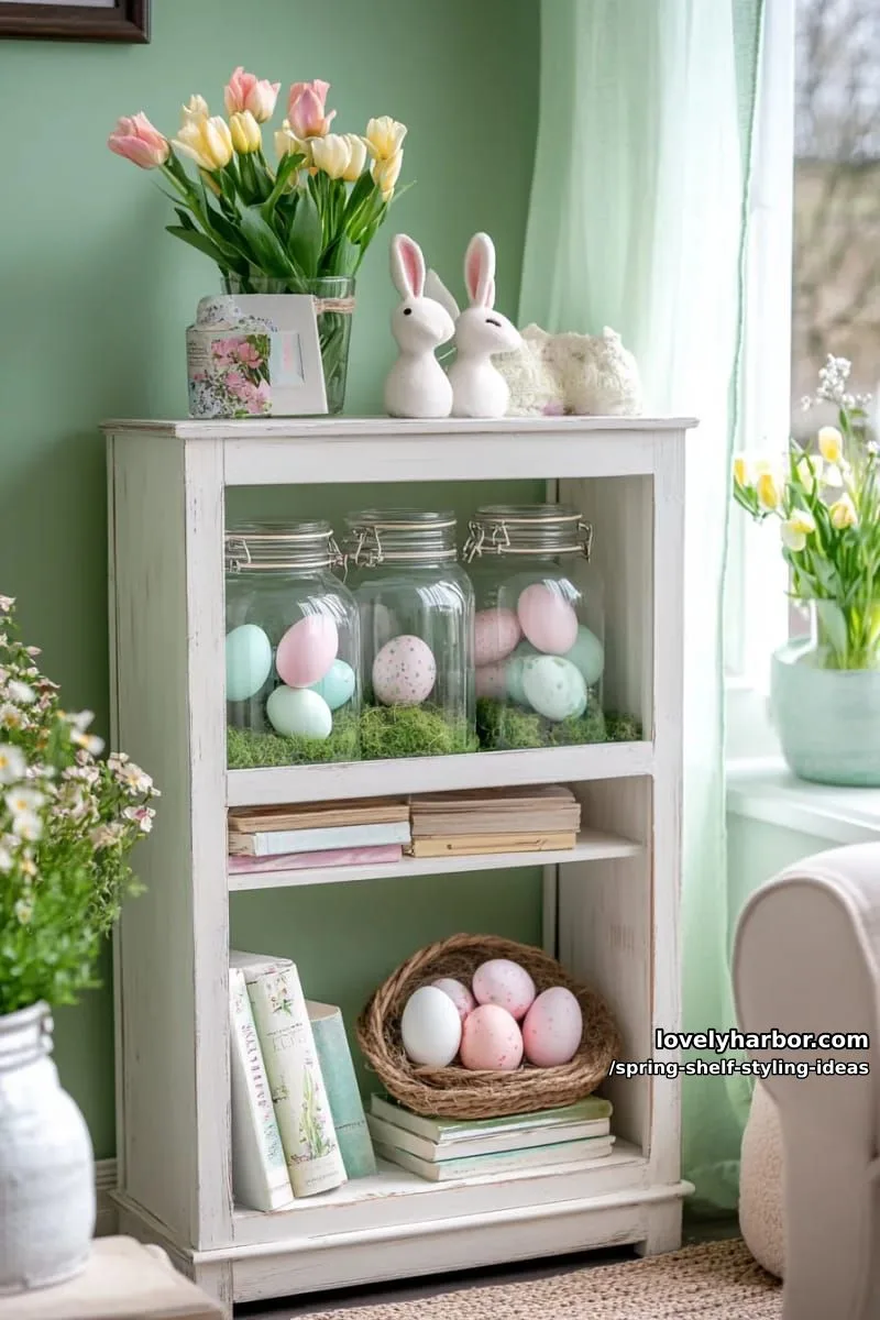 display a trio of glass jars filled with pastel easter eggs and moss. 1