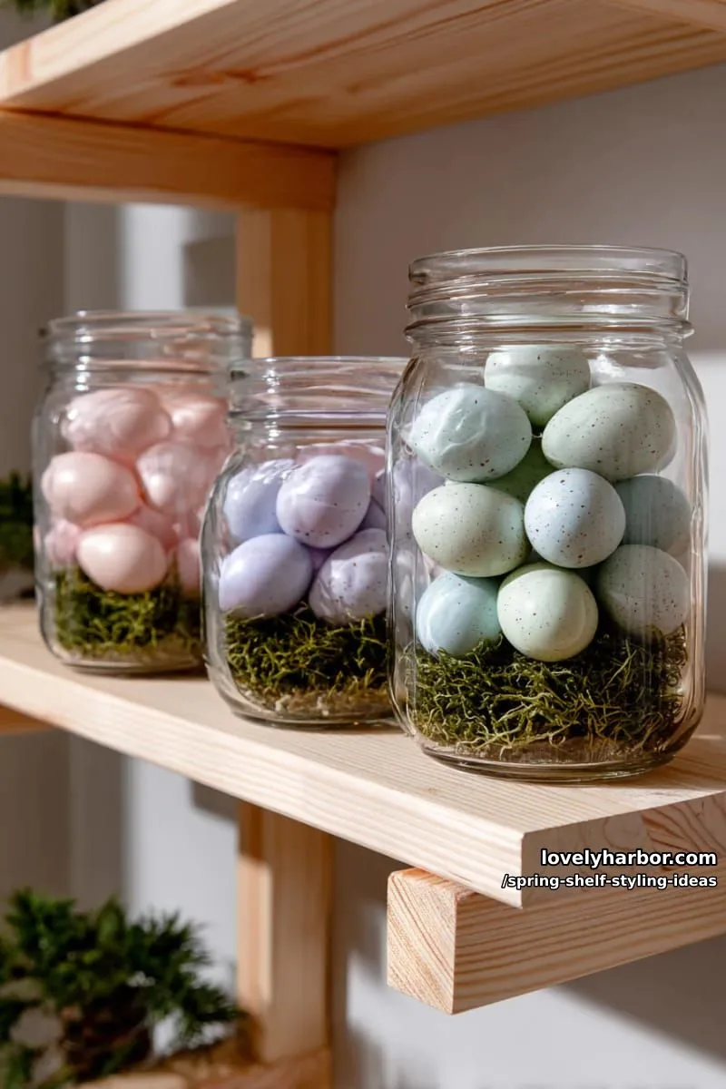 display a trio of glass jars filled with pastel easter eggs and moss. 1