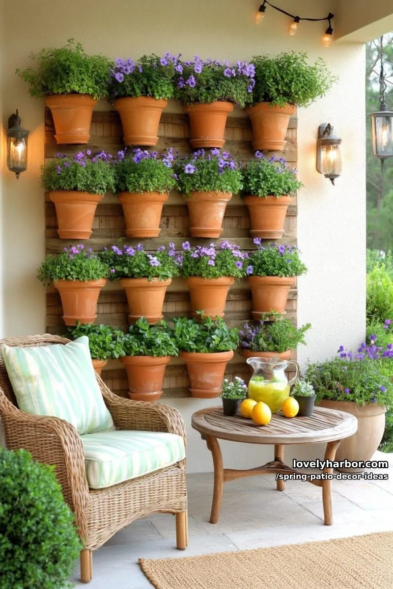 21 Spring Patio Decor Ideas To Welcome The New Season 12 display a vertical garden wall using terracotta pots with fresh herbs and violets 1