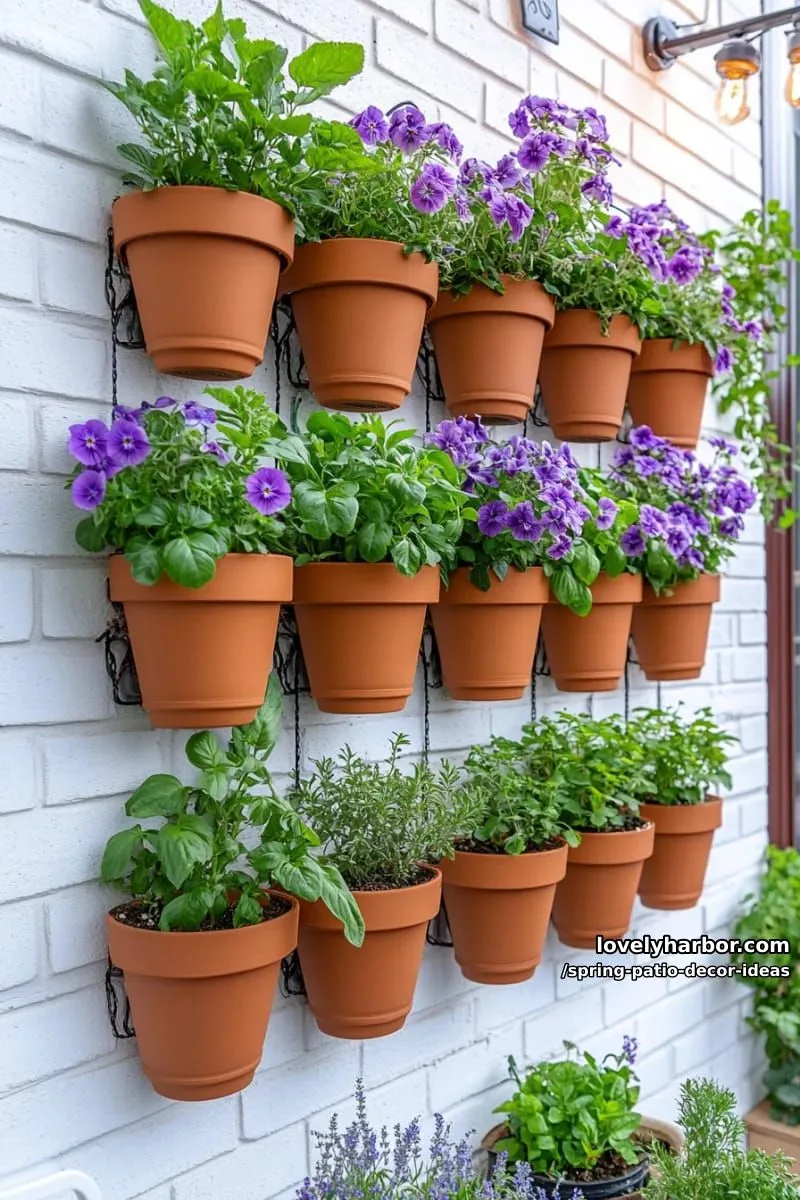 21 Spring Patio Decor Ideas To Welcome The New Season 13 display a vertical garden wall using terracotta pots with fresh herbs and violets 1