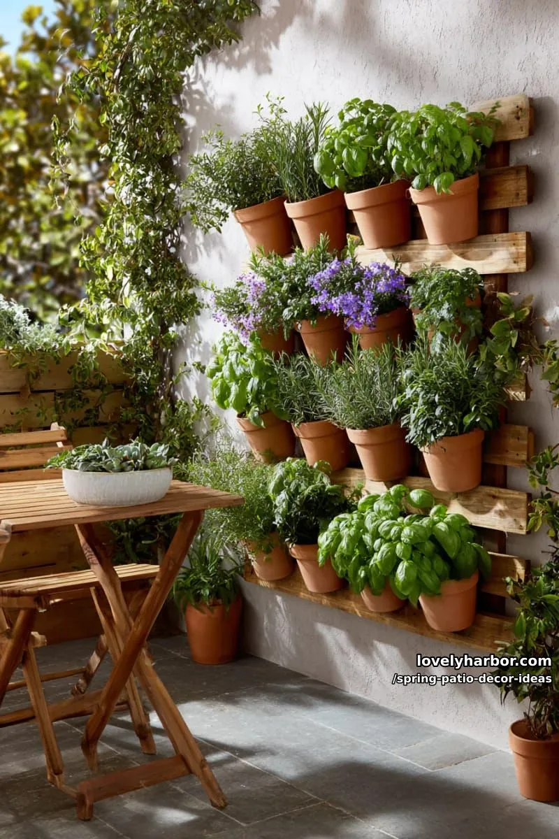 21 Spring Patio Decor Ideas To Welcome The New Season 14 display a vertical garden wall using terracotta pots with fresh herbs and violets 1