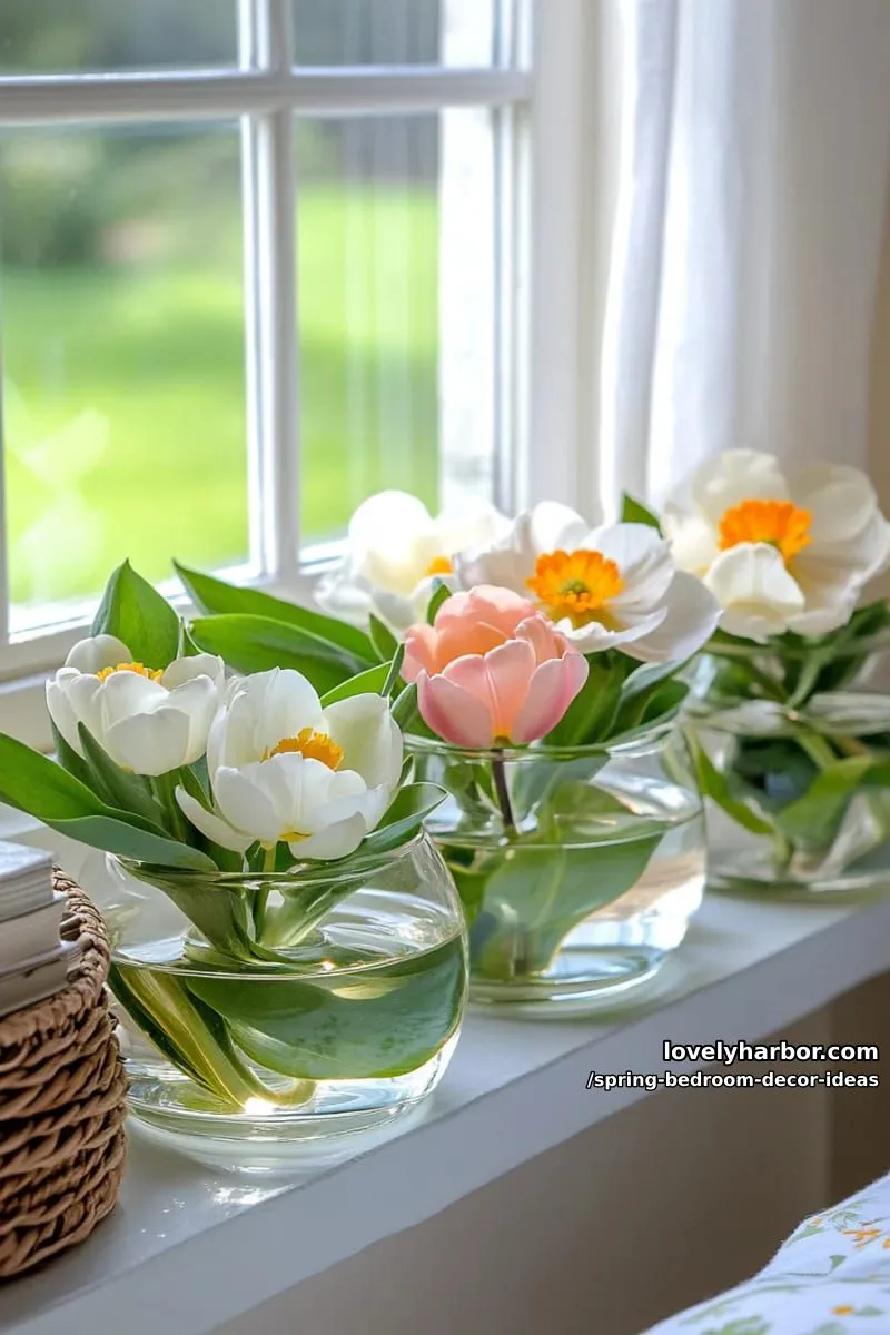 21 Unique Spring Bedroom Decor Ideas For 2026 50 display glass vases of floating spring blooms on a window ledge. 1