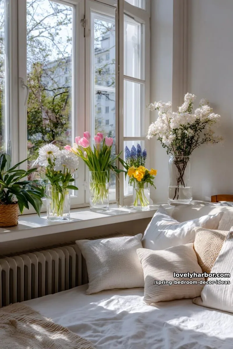 21 Unique Spring Bedroom Decor Ideas For 2026 51 display glass vases of floating spring blooms on a window ledge. 1