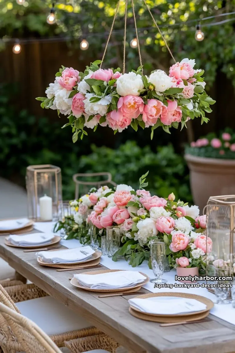 15 Spring Backyard Decor Ideas for Effortless Charm 17 diy flower chandelier above the patio dining set for a magical touch 1