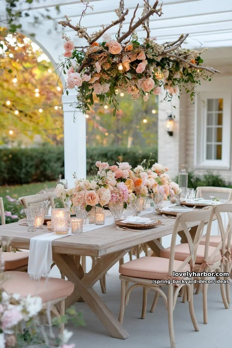 15 Spring Backyard Decor Ideas for Effortless Charm 18 diy flower chandelier above the patio dining set for a magical touch 1
