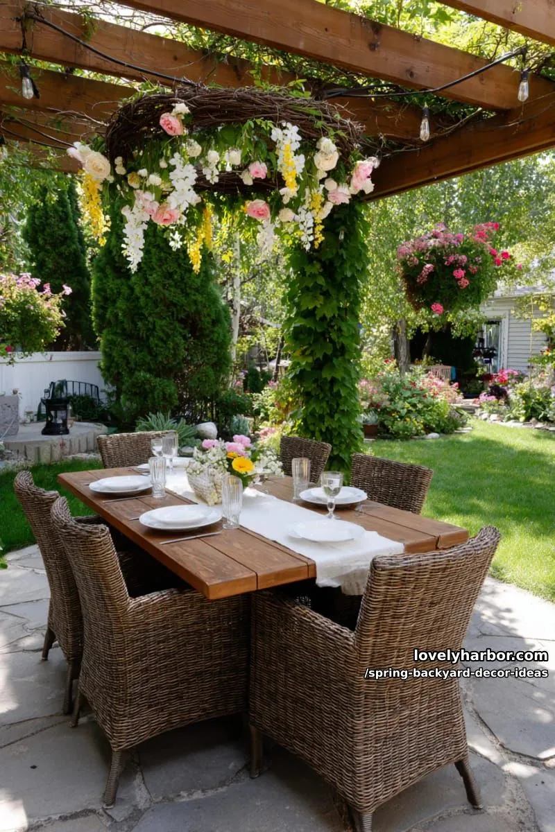 15 Spring Backyard Decor Ideas for Effortless Charm 19 diy flower chandelier above the patio dining set for a magical touch 1