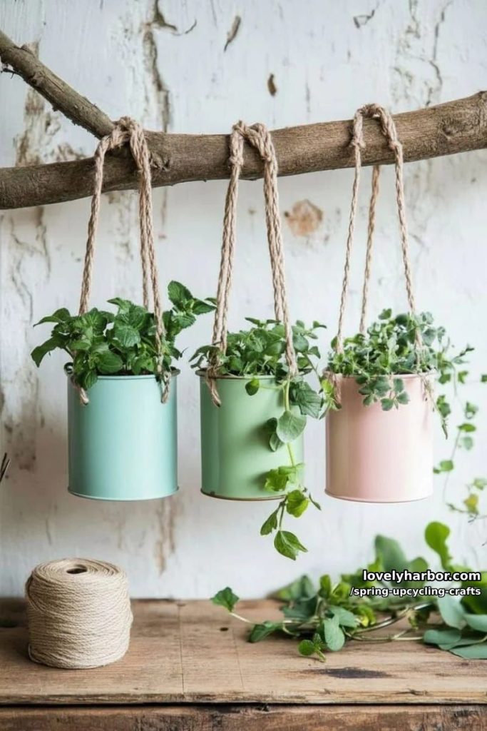 diy hanging planters from upcycled tin cans with macrame accents 34