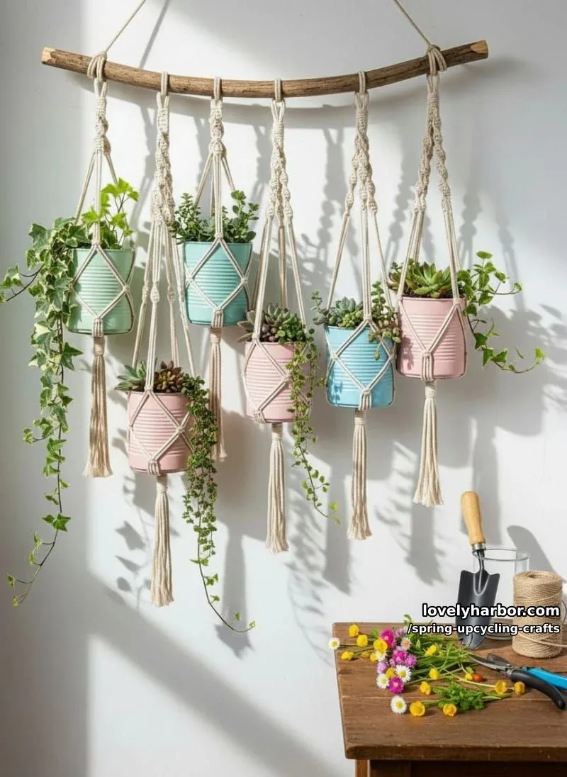diy hanging planters from upcycled tin cans with macrame accents 1