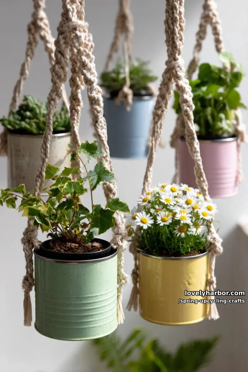 diy hanging planters from upcycled tin cans with macrame accents 1