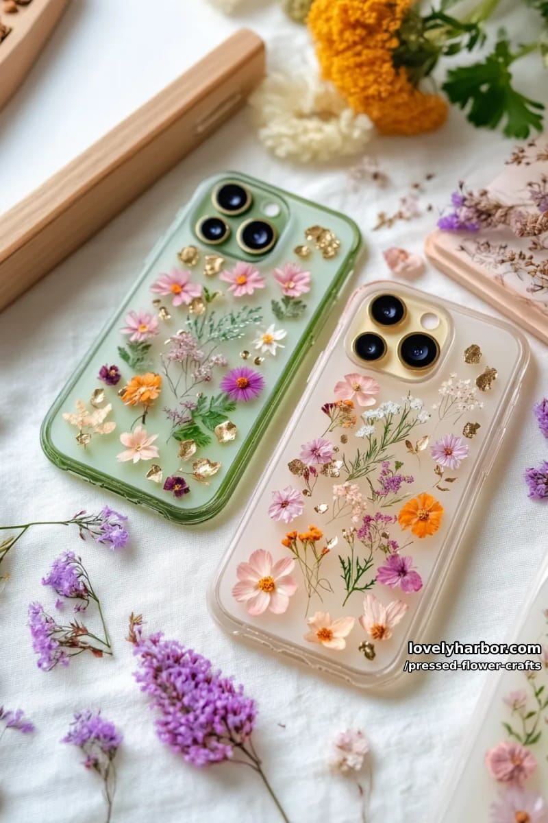 diy pressed flower phone cases with scattered floral patterns and leaf silhouettes 1