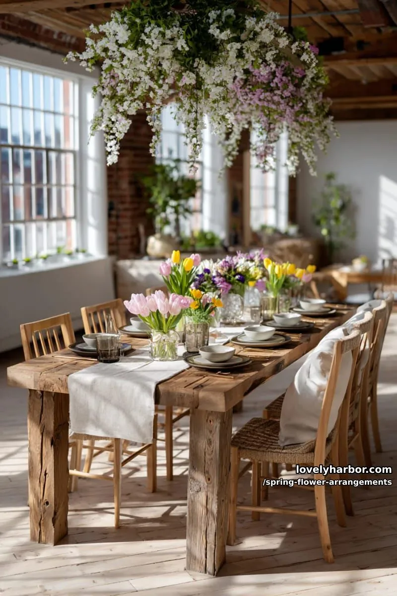 15 Spring Flower Arrangements That Will Warm Your Heart 17 dramatic hanging spring flowers installation over a rustic dining table 1
