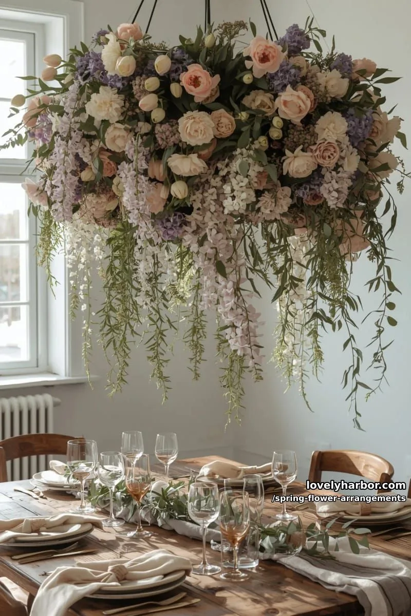 15 Spring Flower Arrangements That Will Warm Your Heart 18 dramatic hanging spring flowers installation over a rustic dining table 1