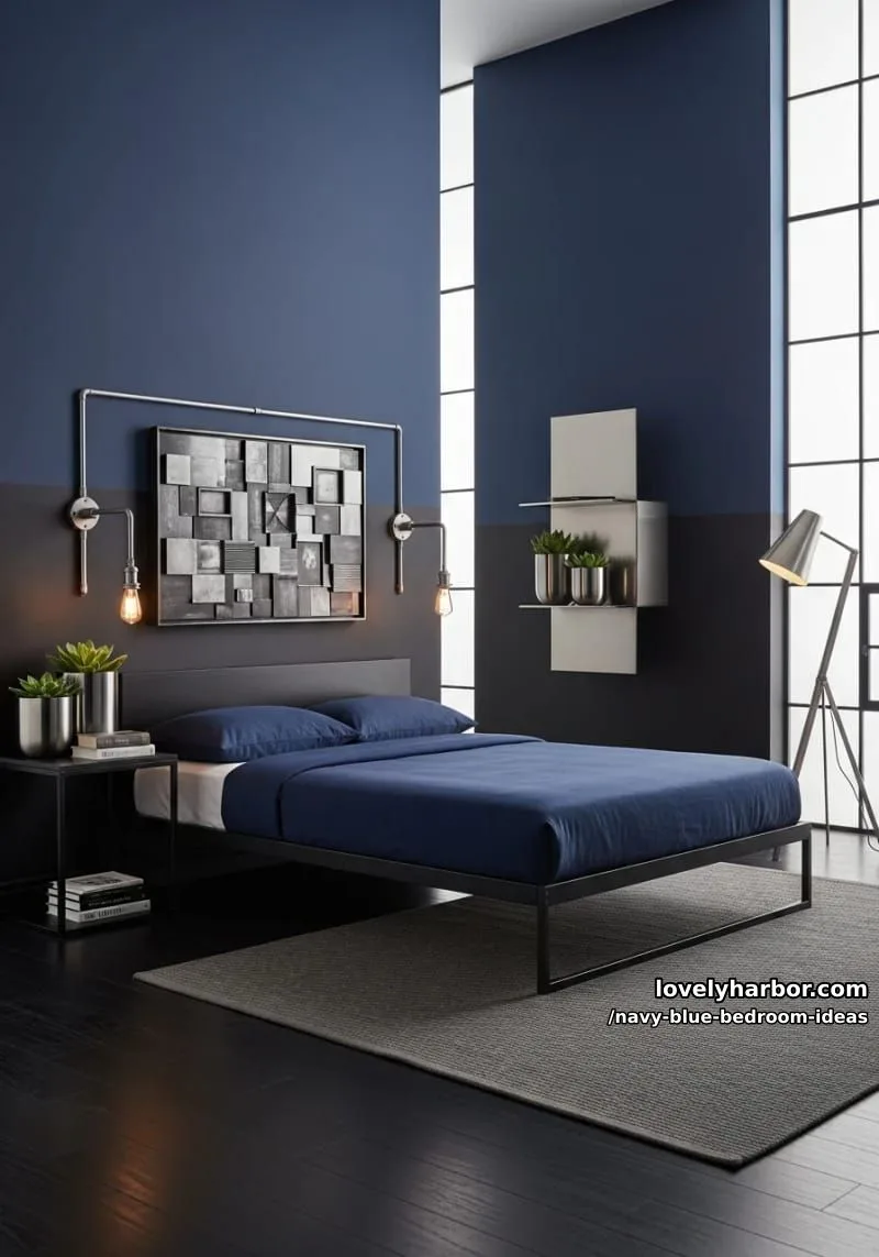 dramatic navy blue and black two-tone walls with industrial metal accents 1