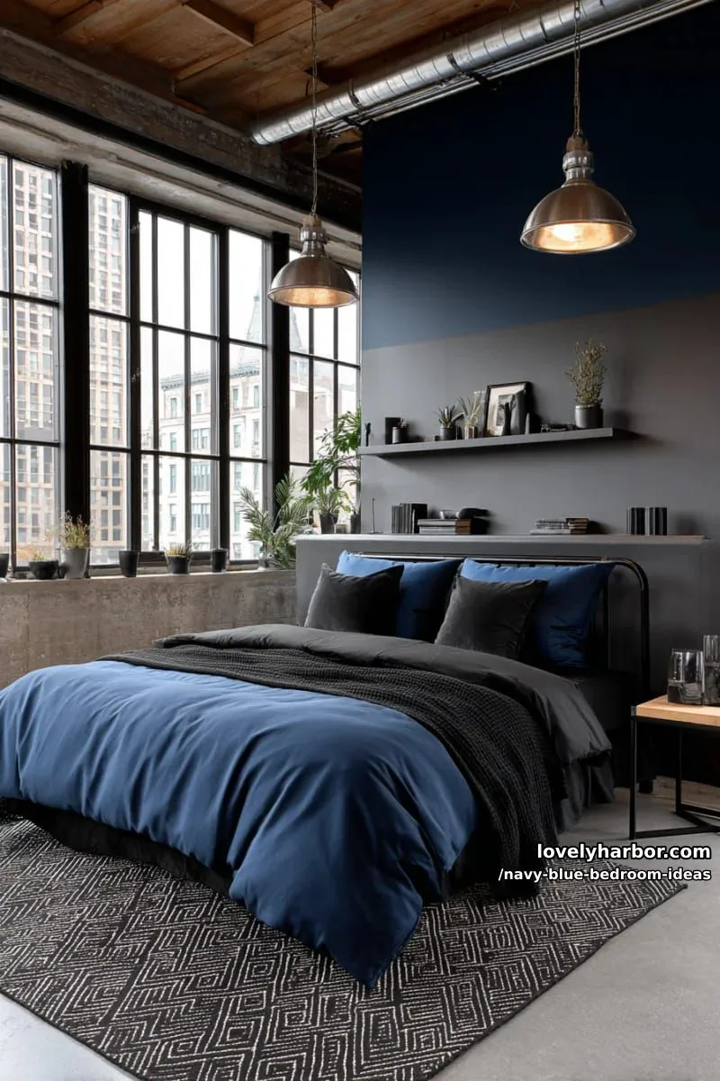 dramatic navy blue and black two-tone walls with industrial metal accents 1