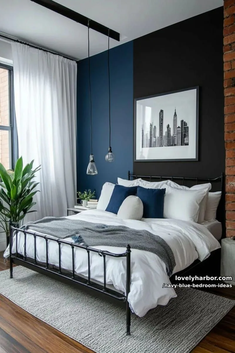 dramatic navy blue and black two-tone walls with industrial metal accents 1