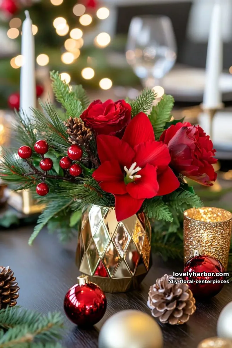 dramatic red and green christmas florals in gold geometric vases 1