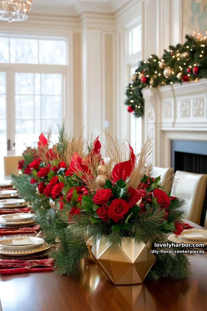 dramatic red and green christmas florals in gold geometric vases 1